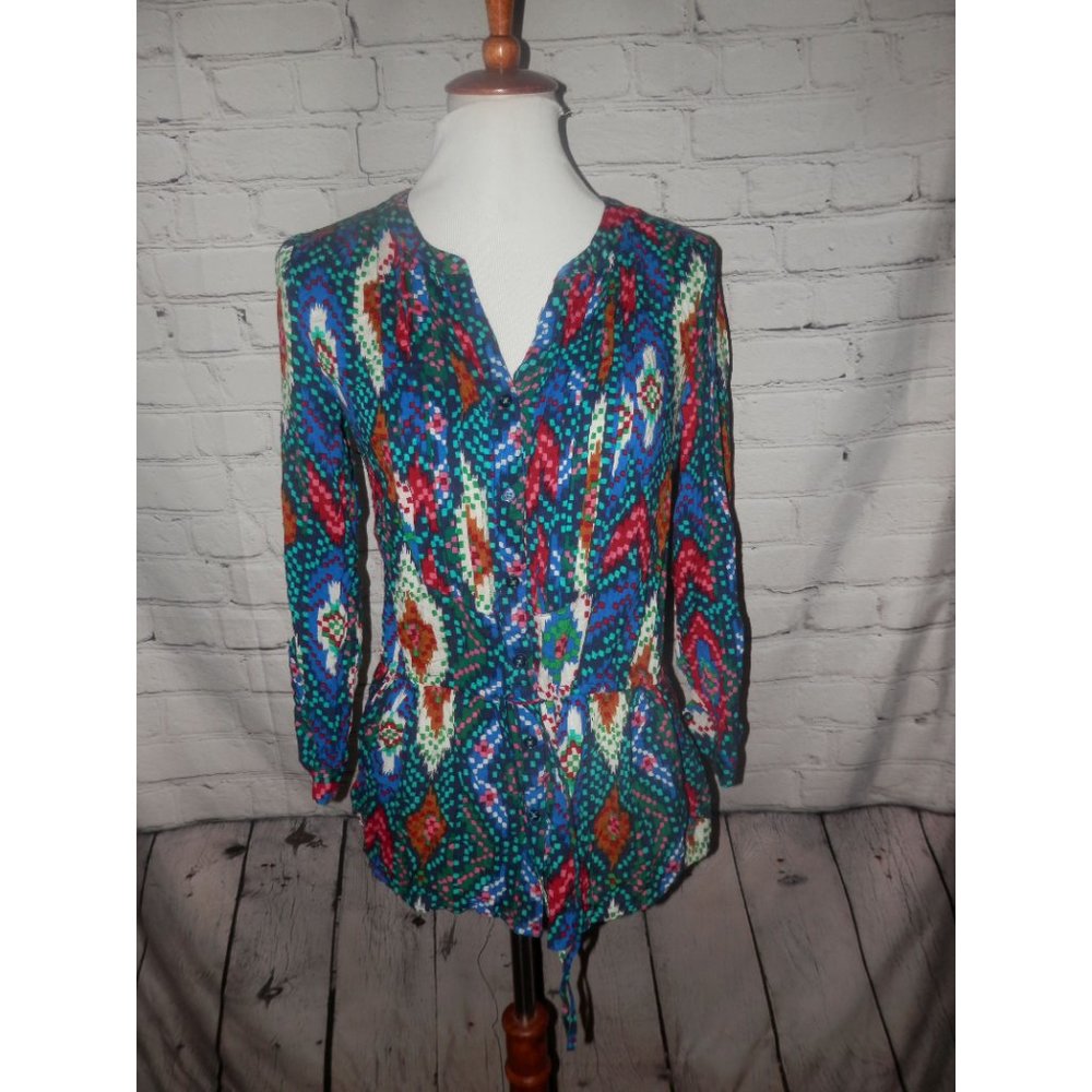 Maeve Top Drop Waist Drawstring Top 2 Blue Green Pink Geometric Blouse Pleated
